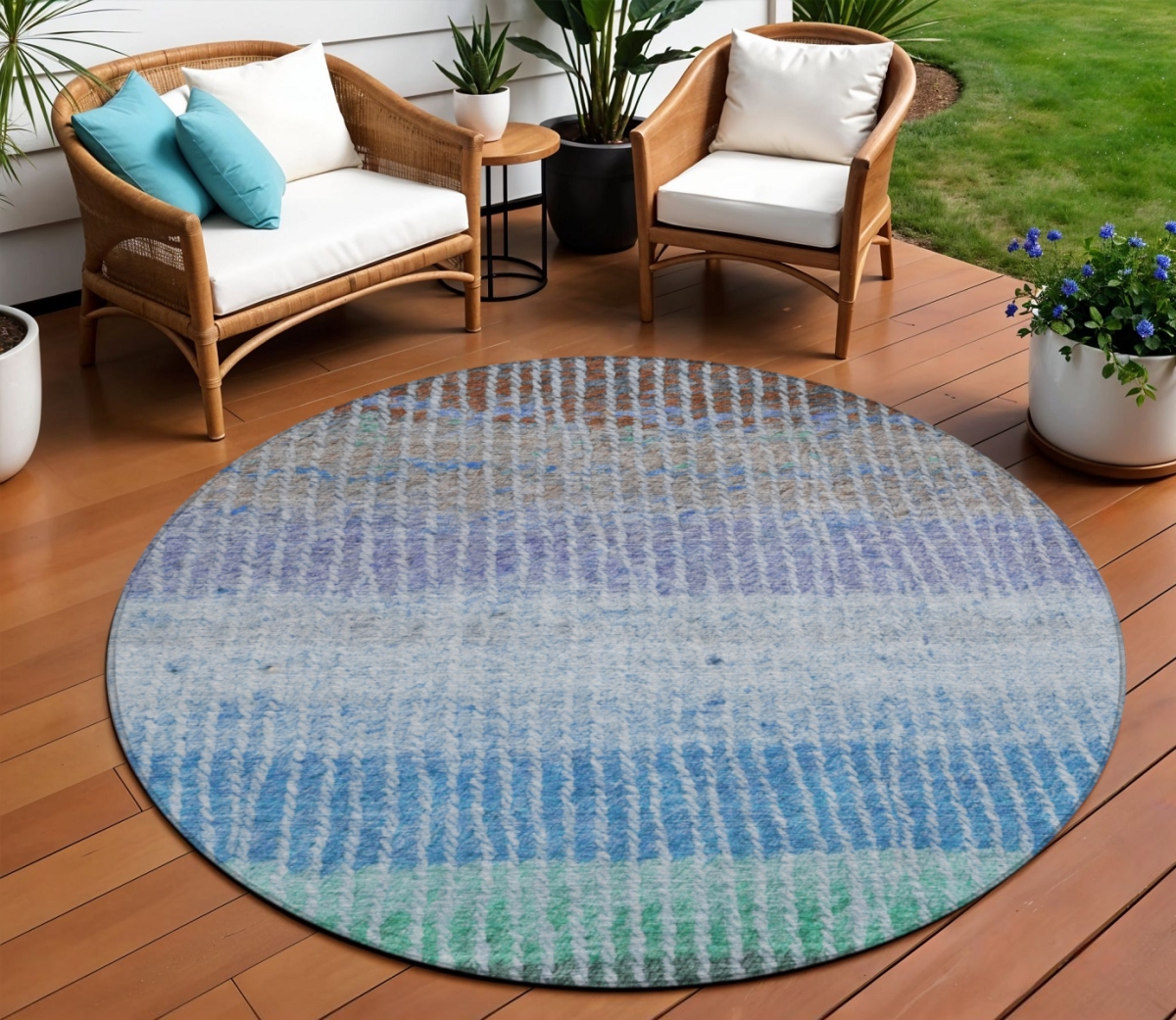 658917 8 ft. Blue Brown & Green Striped Washable Transitional Indoor & Outdoor Round Area Rug