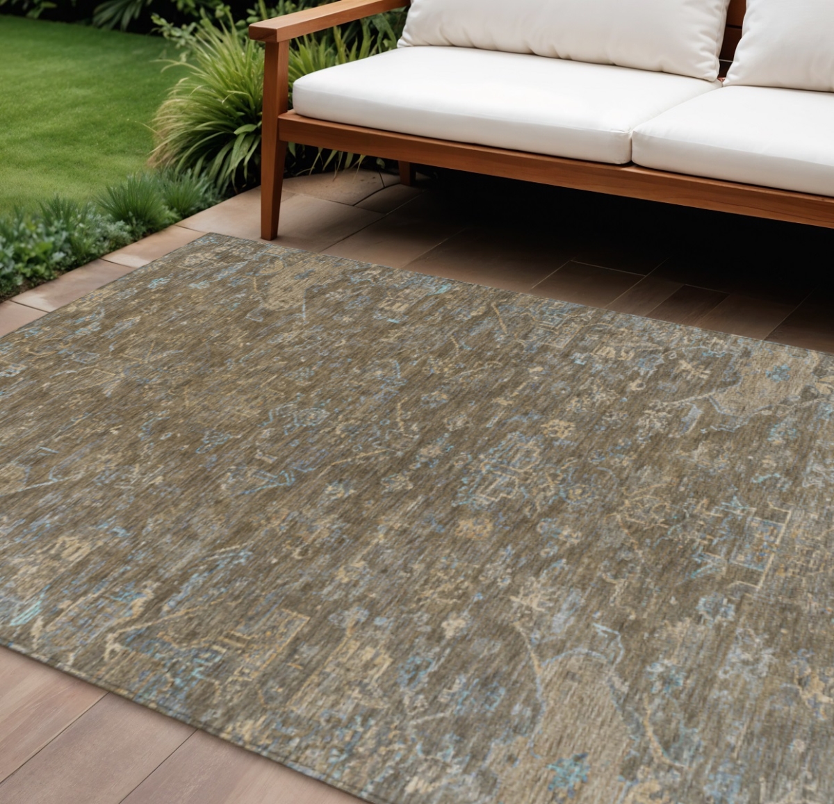 659245 10 x 14 ft. Brown & Blue Medallion Washable Traditional Indoor & Outdoor Rectangle Area Rug