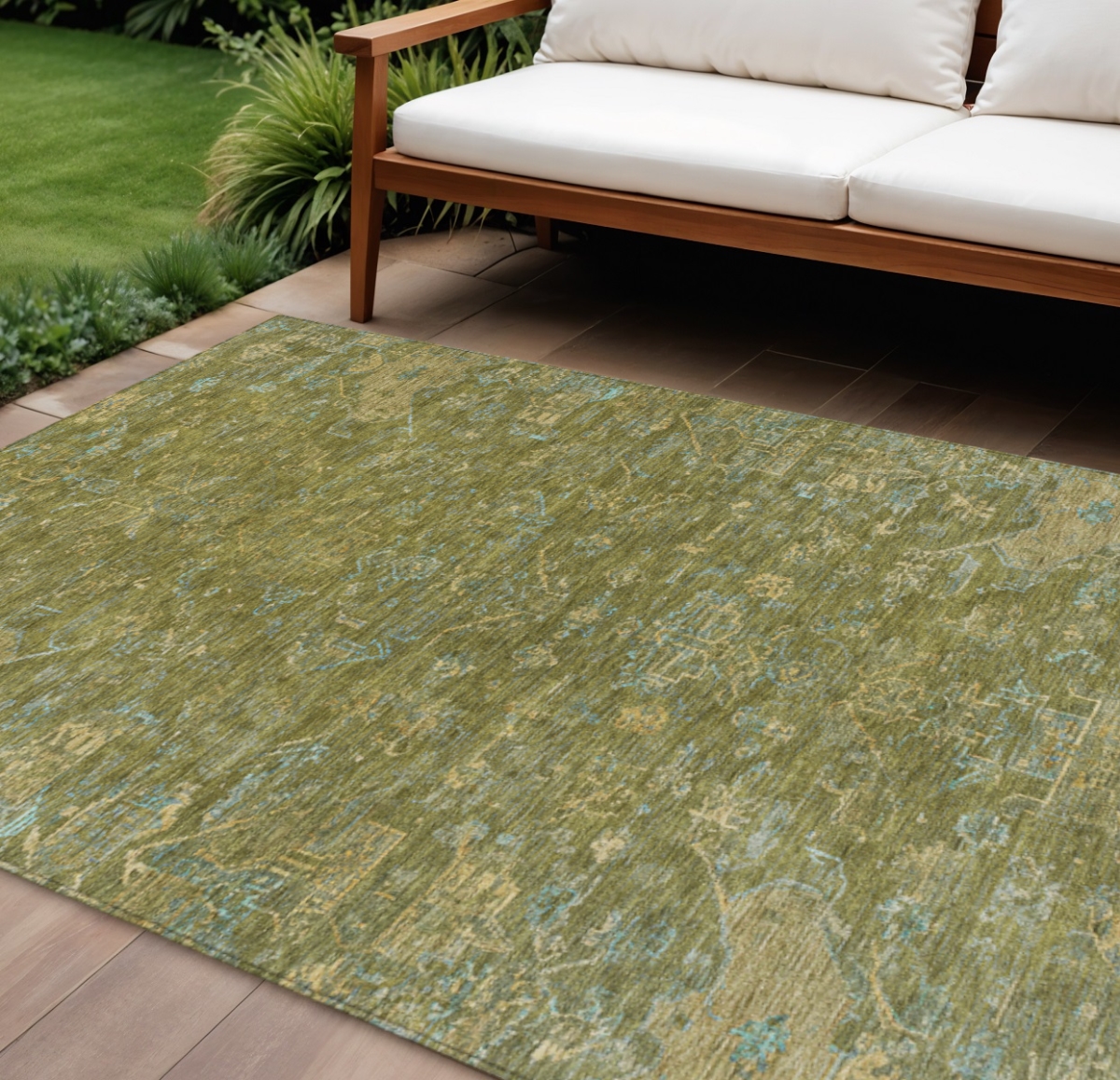 659263 10 x 14 ft. Fern Green & Blue Medallion Washable Traditional Indoor & Outdoor Rectangle Area Rug
