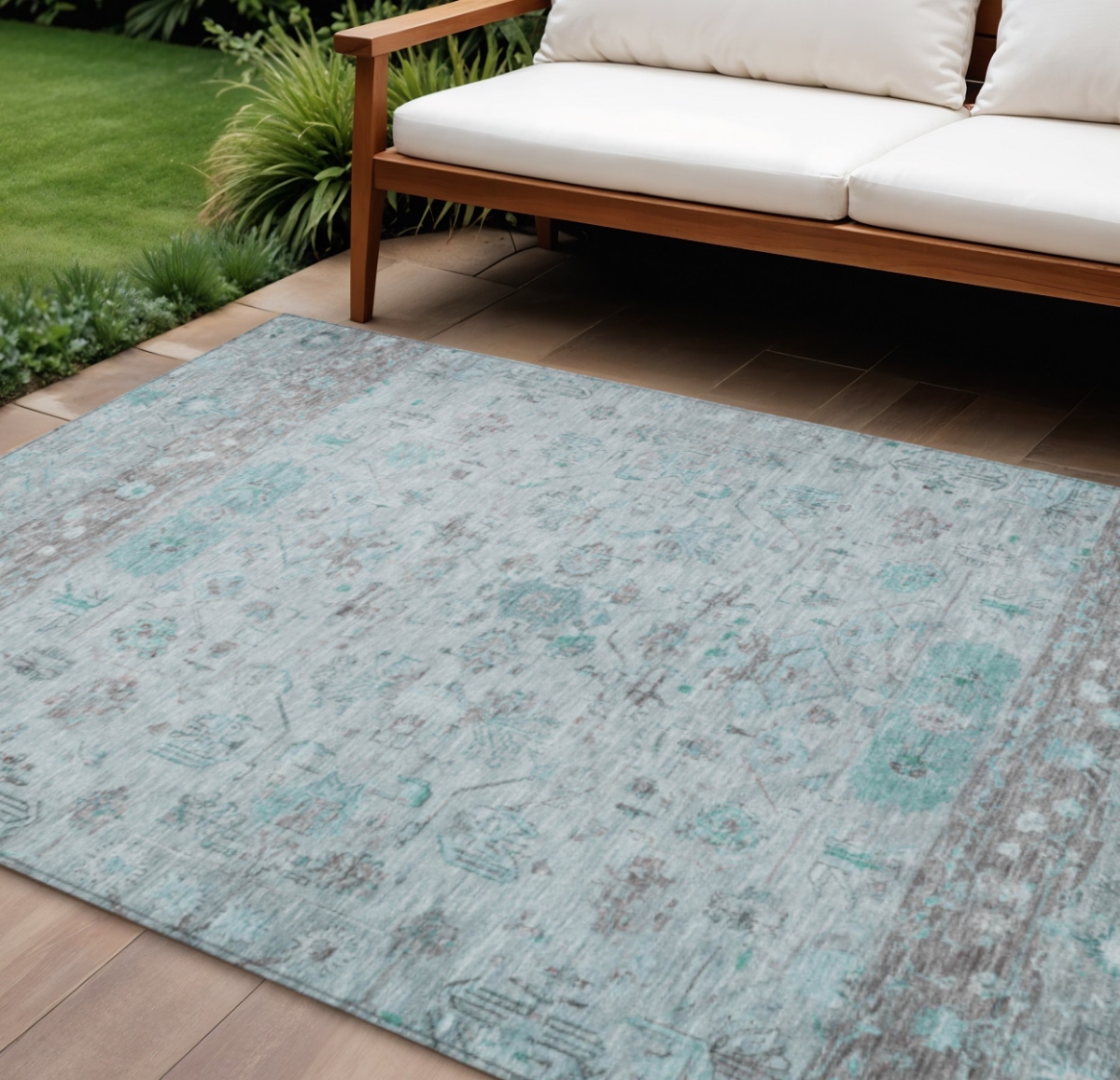 659334 9 x 12 ft. Teal Blue, Gray & Silver Tribal Washable Traditional Indoor & Outdoor Rectangle Area Rug