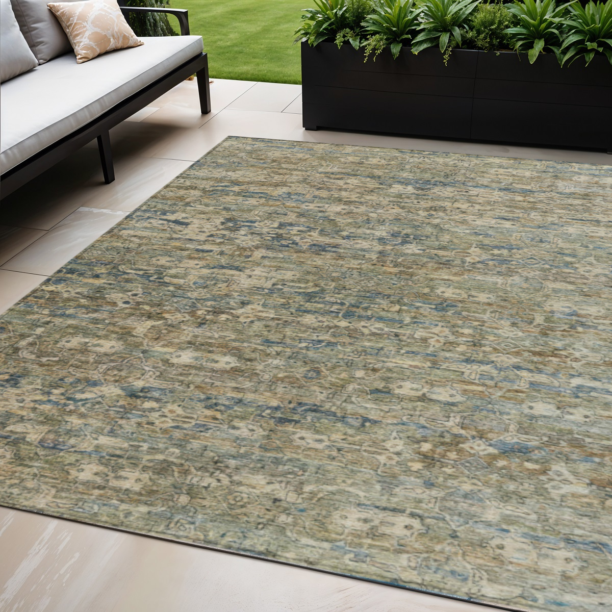 659337 5 x 8 ft. Artichoke Green Blue & Ivory Ikat Washable Transitional Indoor & Outdoor Rectangle Area Rug
