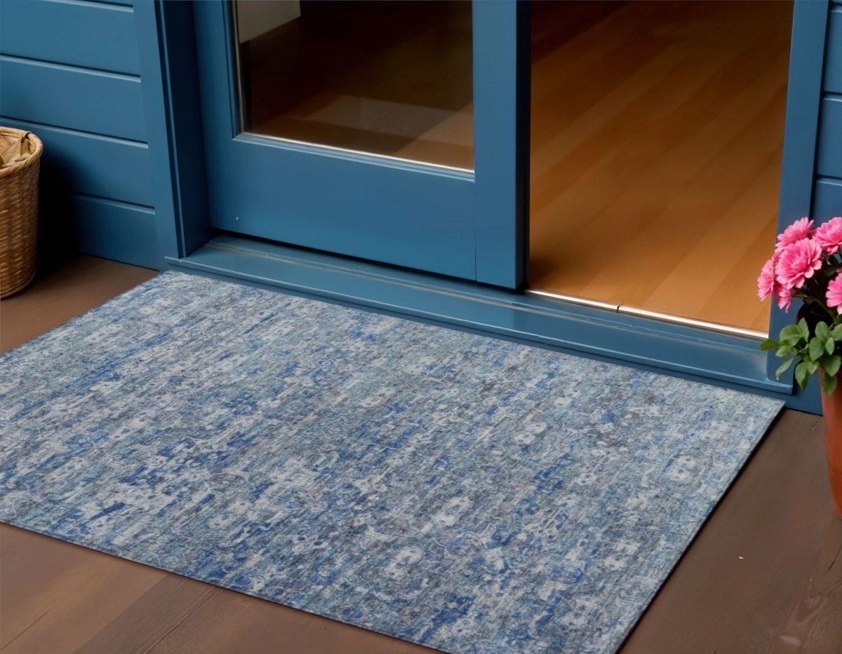 659354 3 x 5 ft. Denim Blue & Ivory Ikat Washable Transitional Indoor & Outdoor Rectangle Area Rug