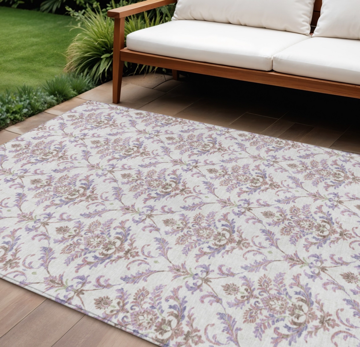 659412 9 x 12 ft. Lavender & Ivory Damask Washable Traditional Indoor & Outdoor Rectangle Area Rug