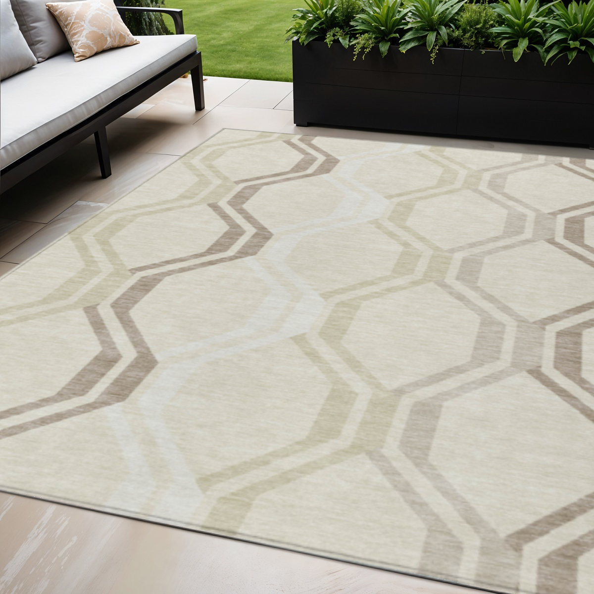 659427 5 x 8 ft. Beige & Brown Geometric Washable Transitional Indoor & Outdoor Rectangle Area Rug