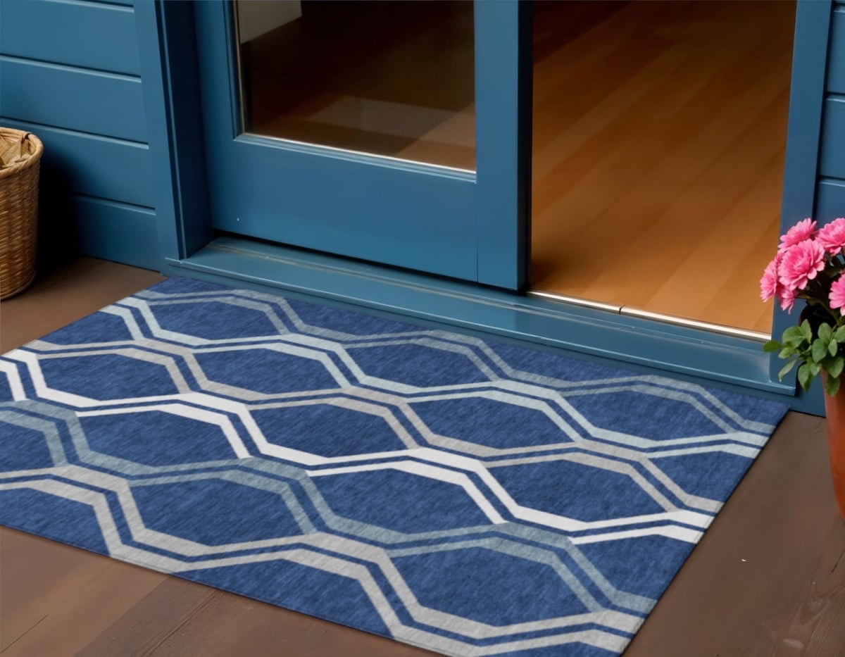 659468 3 x 5 ft. Navy Blue & Ivory Geometric Washable Transitional Indoor & Outdoor Rectangle Area Rug