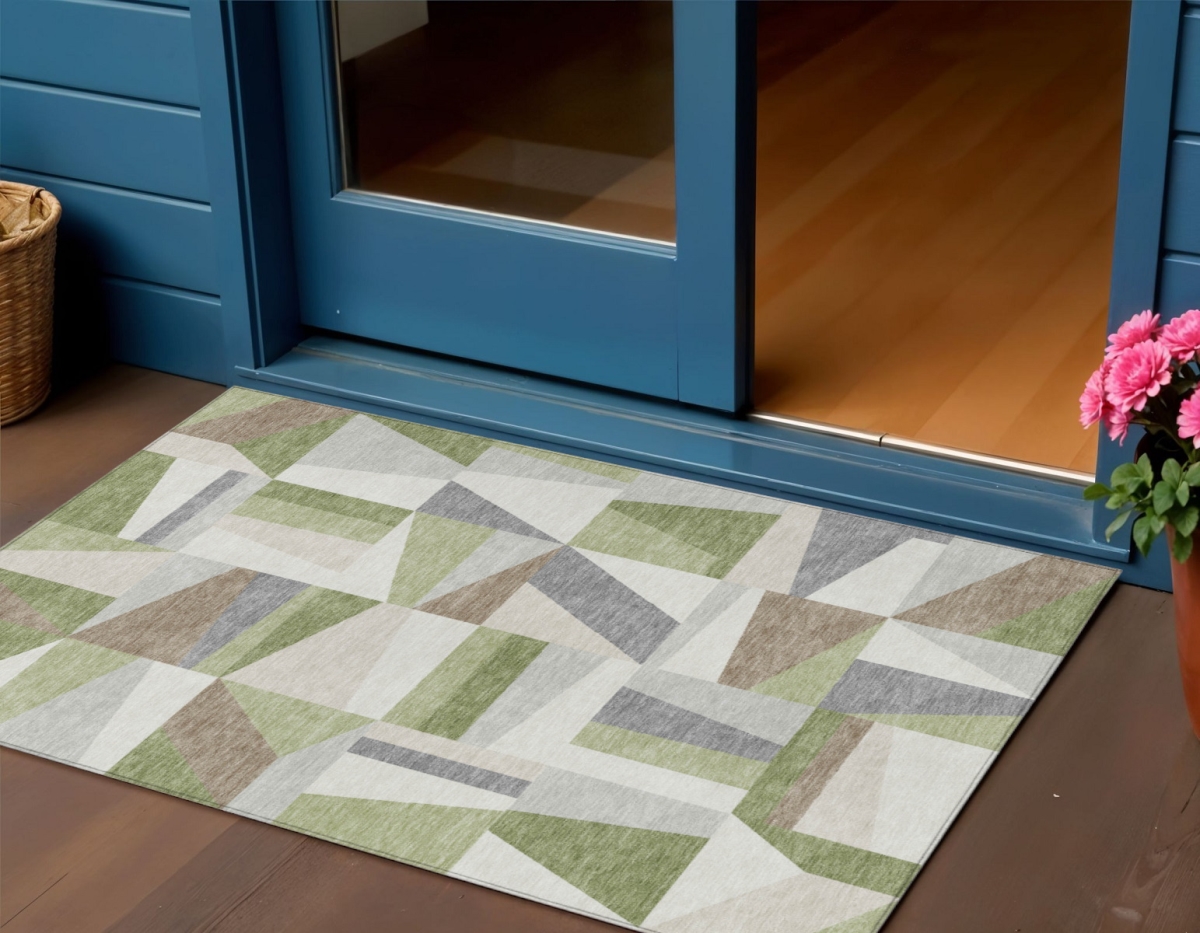 659502 3 x 5 ft. Artichoke Green, Ivory & Taupe Geometric Washable Transitional Indoor & Outdoor Rectangle Area Rug