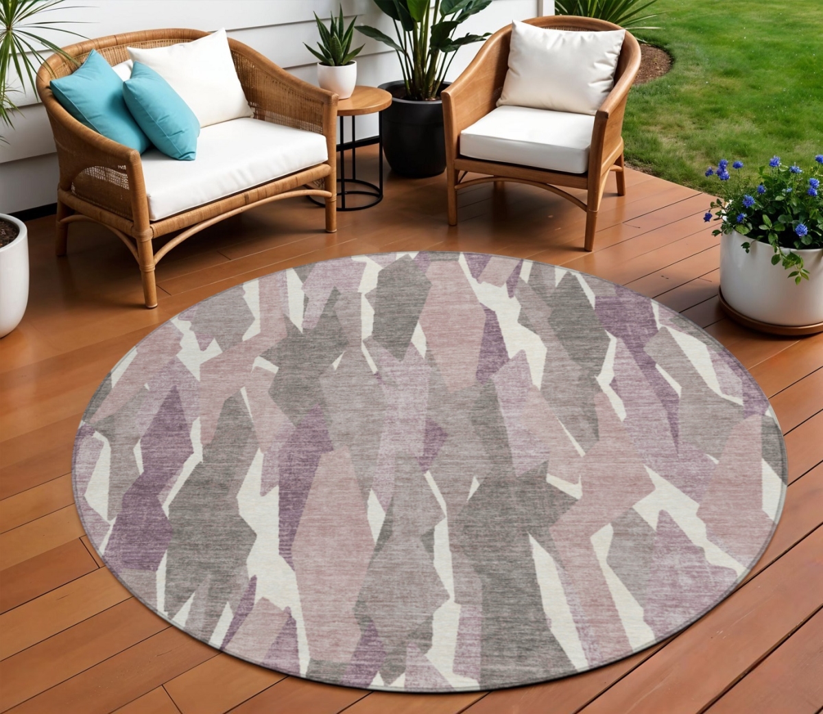 659600 8 ft. Blush & Ivory Striped Washable Transitional Indoor & Outdoor Round Area Rug