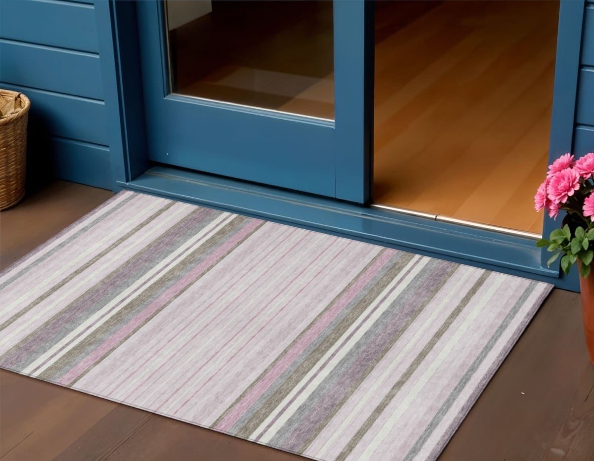 659652 3 x 5 ft. Blush Purple & Ivory Striped Washable Transitional Indoor & Outdoor Rectangle Area Rug