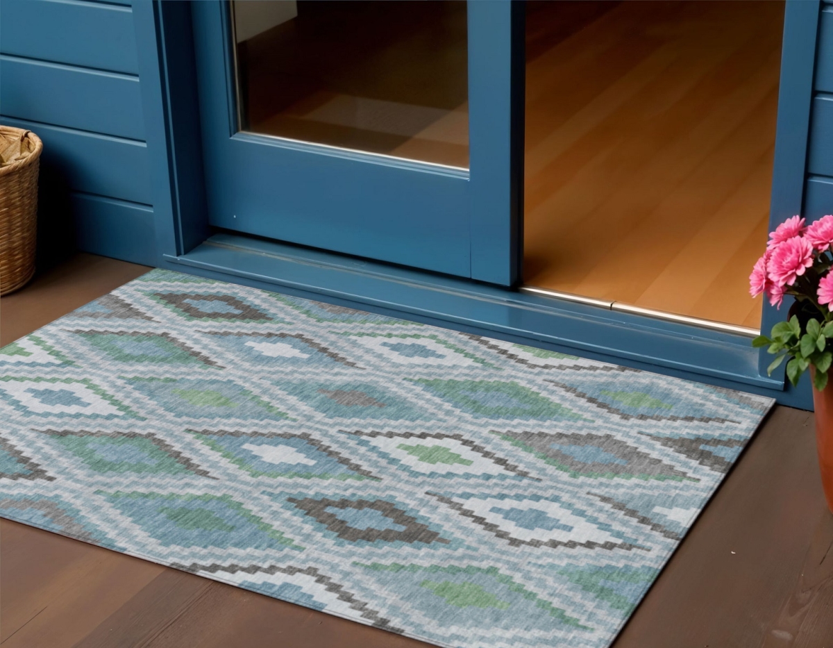 659736 3 x 5 ft. Teal Blue, Ivory & Green Geometric Washable Transitional Indoor & Outdoor Rectangle Area Rug