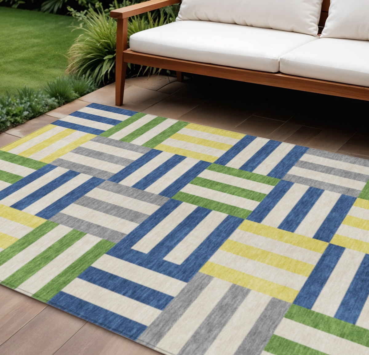 659752 9 x 12 ft. Blue Yellow & Green Geometric Washable Transitional Indoor & Outdoor Rectangle Area Rug
