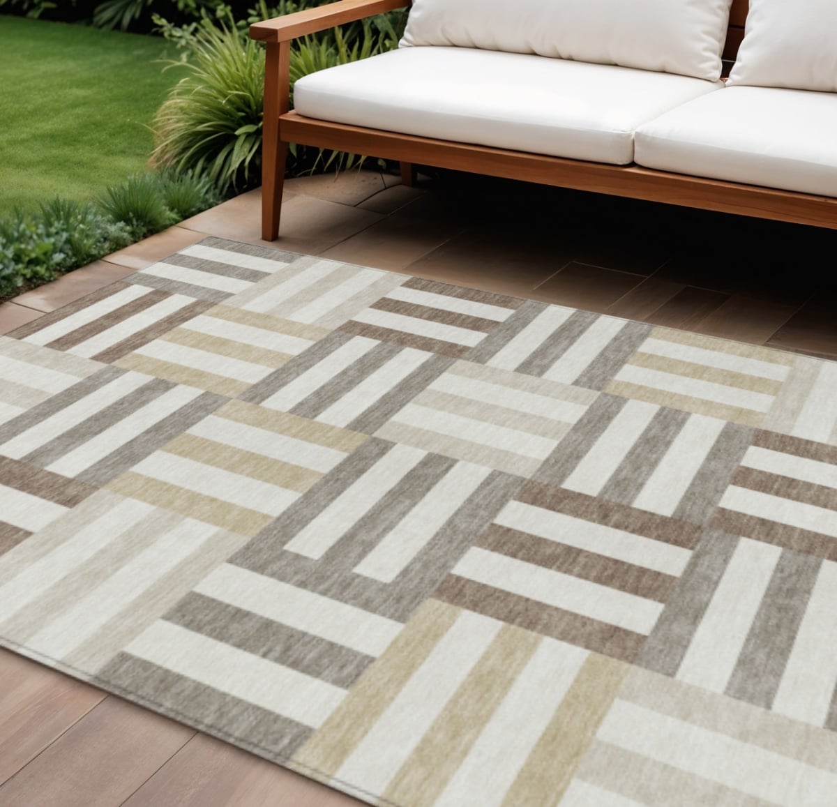 659769 8 x 10 ft. Ivory, Gray & Brown Geometric Washable Transitional Indoor & Outdoor Rectangle Area Rug