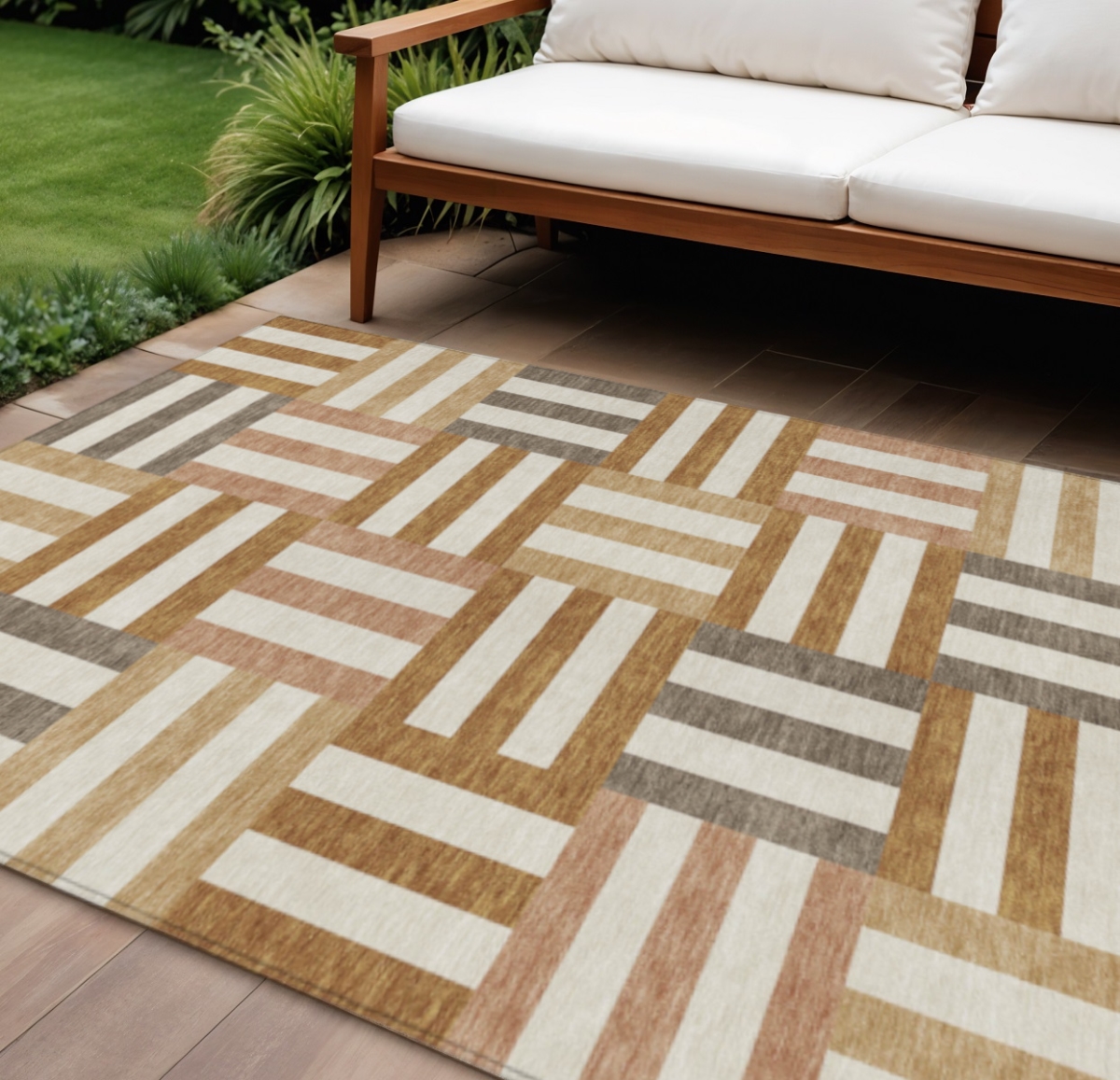659783 10 x 14 ft. Chili Red Ivory & Copper Geometric Washable Transitional Indoor & Outdoor Rectangle Area Rug