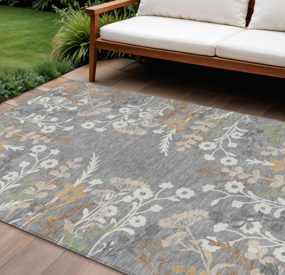 659879 10 x 14 ft. Gray, Ivory & Beige Floral Washable Transitional Indoor & Outdoor Rectangle Area Rug