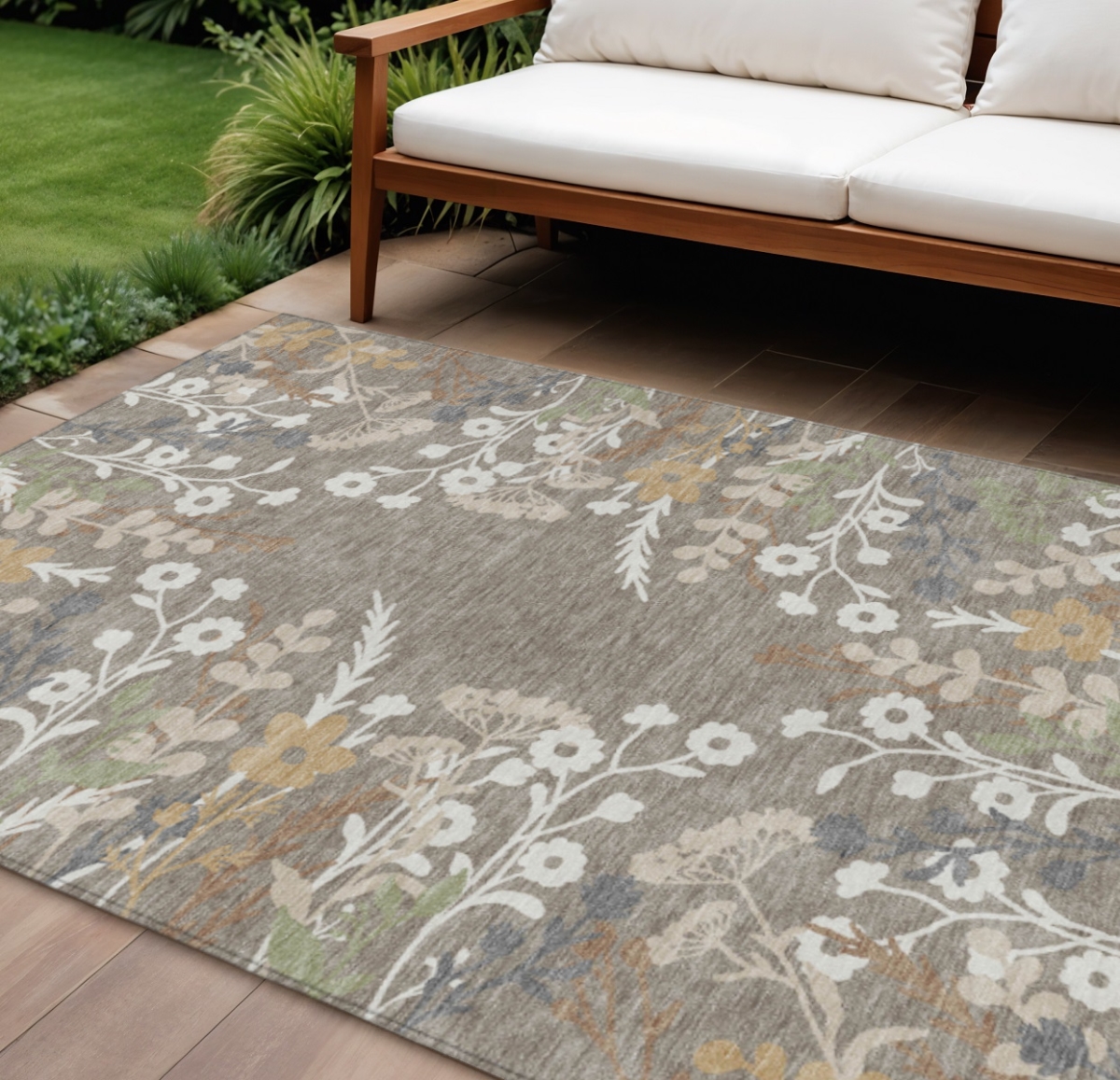 659909 10 x 14 ft. Taupe Green & Ivory Floral Washable Transitional Indoor & Outdoor Rectangle Area Rug