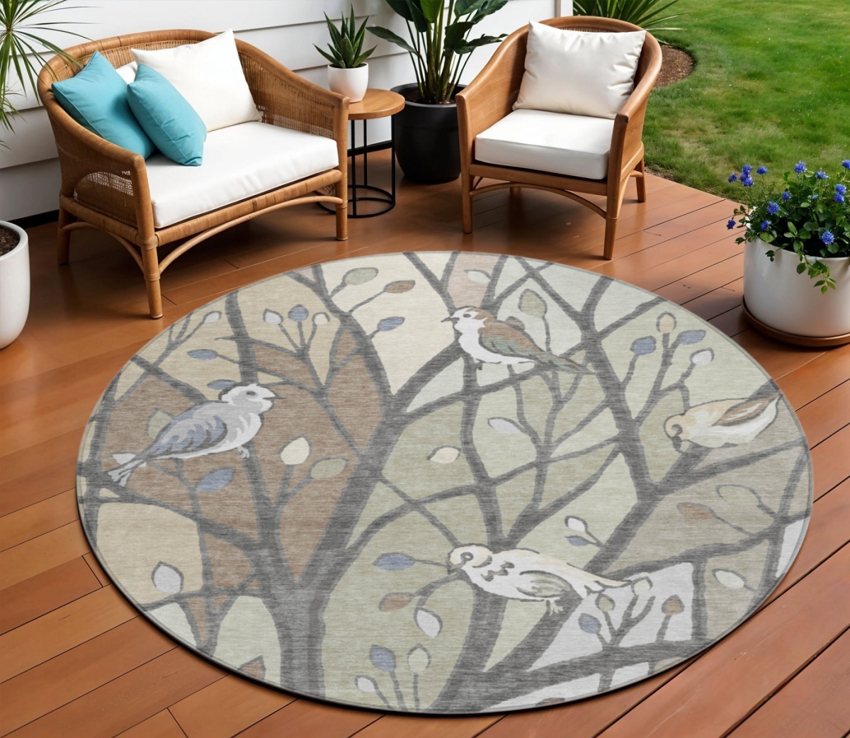 659949 8 ft. Beige Sage & Khaki Botanical Leaves Washable Transitional Indoor & Outdoor Round Area Rug