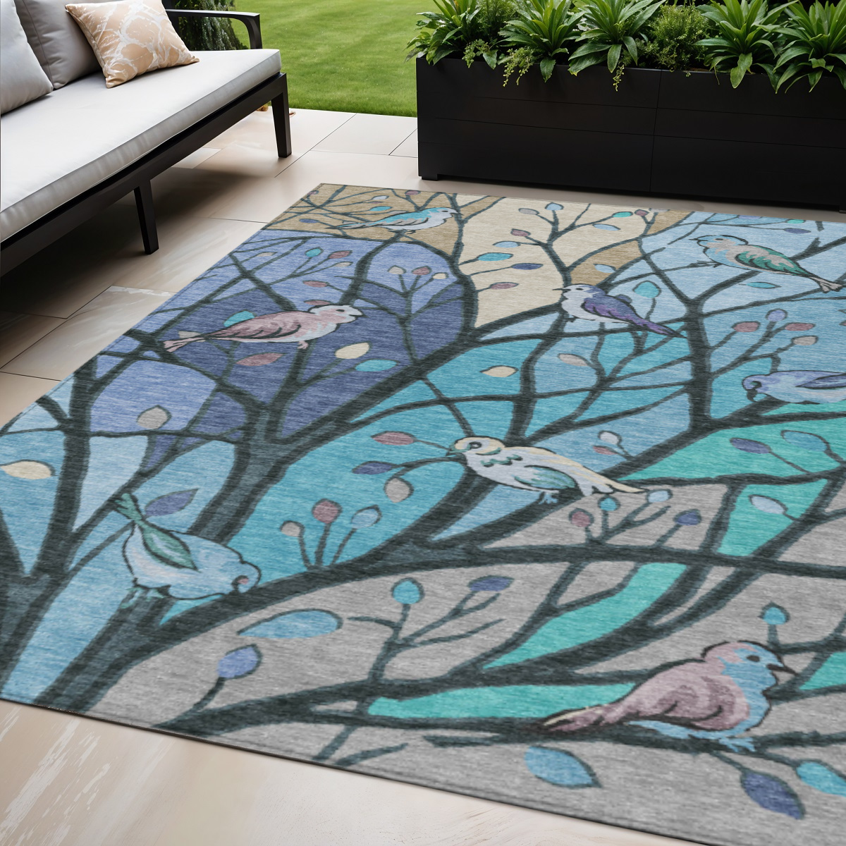 659954 5 x 8 ft. Blue Beige & Khaki Botanical Leaves Washable Transitional Indoor & Outdoor Rectangle Area Rug