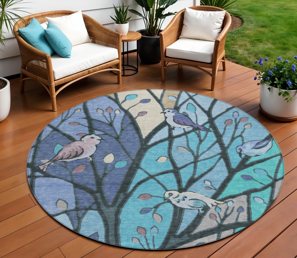 659955 8 ft. Blue Beige & Khaki Botanical Leaves Washable Transitional Indoor & Outdoor Round Area Rug