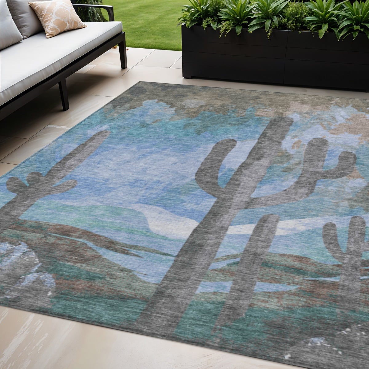 659978 5 x 8 ft. Brown Blue & Taupe Botanical Leaves Washable Transitional Indoor & Outdoor Rectangle Area Rug