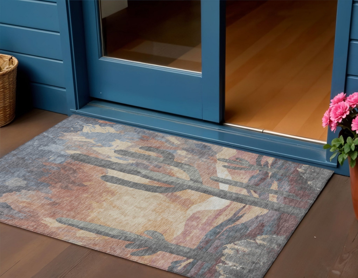 659983 3 x 5 ft. Copper Blue & Wheat Botanical Leaves Washable Transitional Indoor & Outdoor Rectangle Area Rug