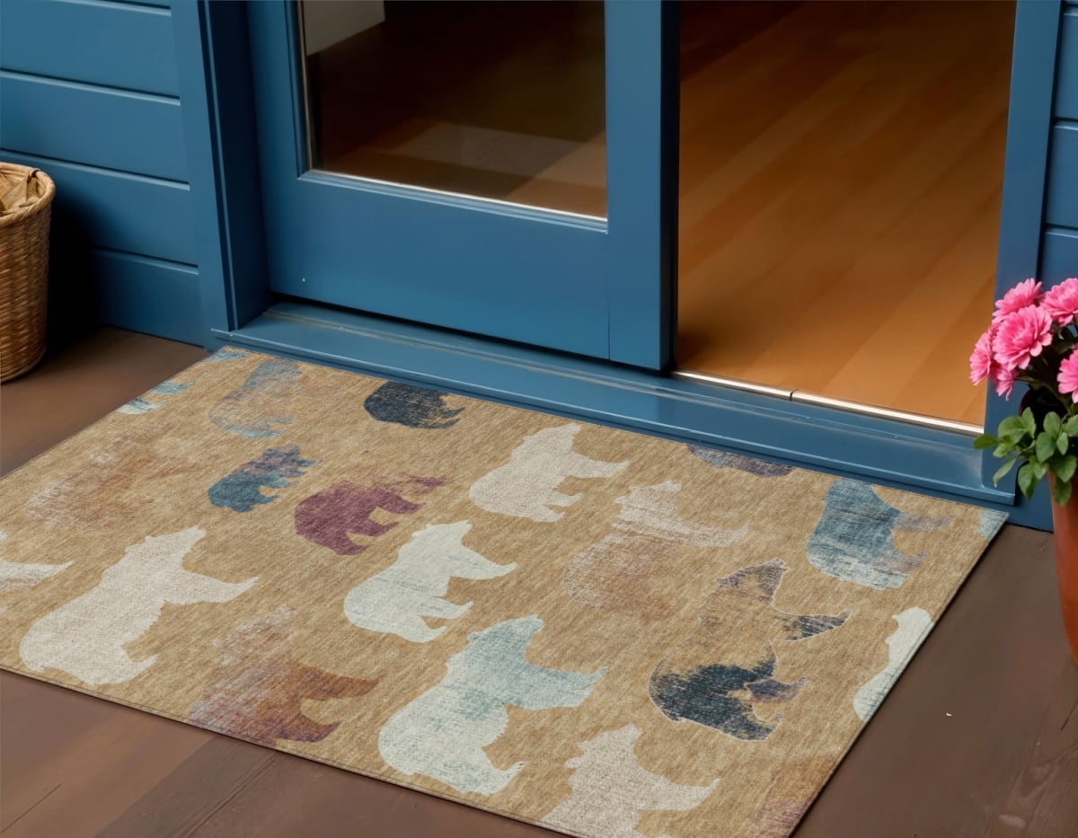 660349 3 x 5 ft. Gold Ivory & Blue Animal Print Washable Transitional Indoor & Outdoor Rectangle Area Rug