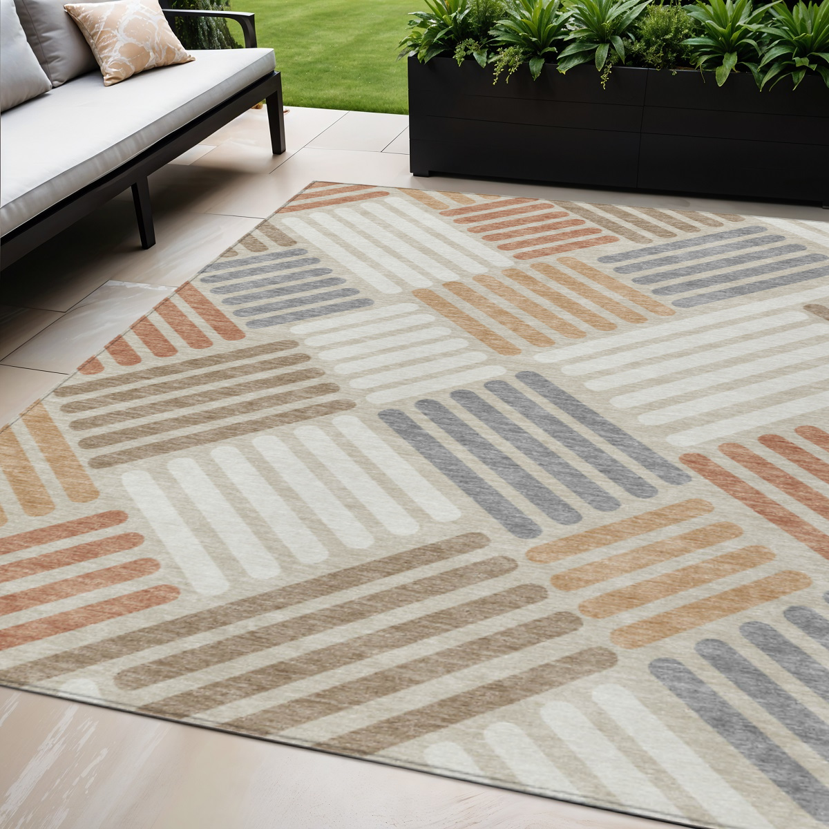 660392 5 x 8 ft. Copper, Ivory & Rust Geometric Washable Transitional Indoor & Outdoor Rectangle Area Rug