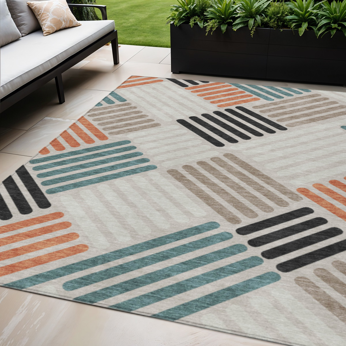 660398 5 x 8 ft. Sand Ivory & Black Geometric Washable Transitional Indoor & Outdoor Rectangle Area Rug