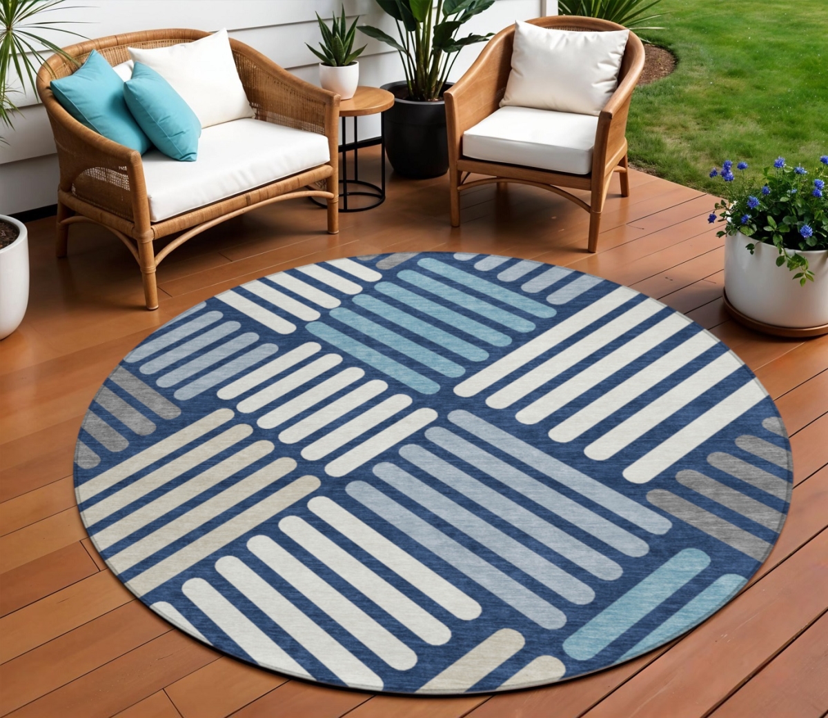 660423 8 ft. Navy Blue, Ivory & Pewter Geometric Washable Transitional Indoor & Outdoor Round Area Rug