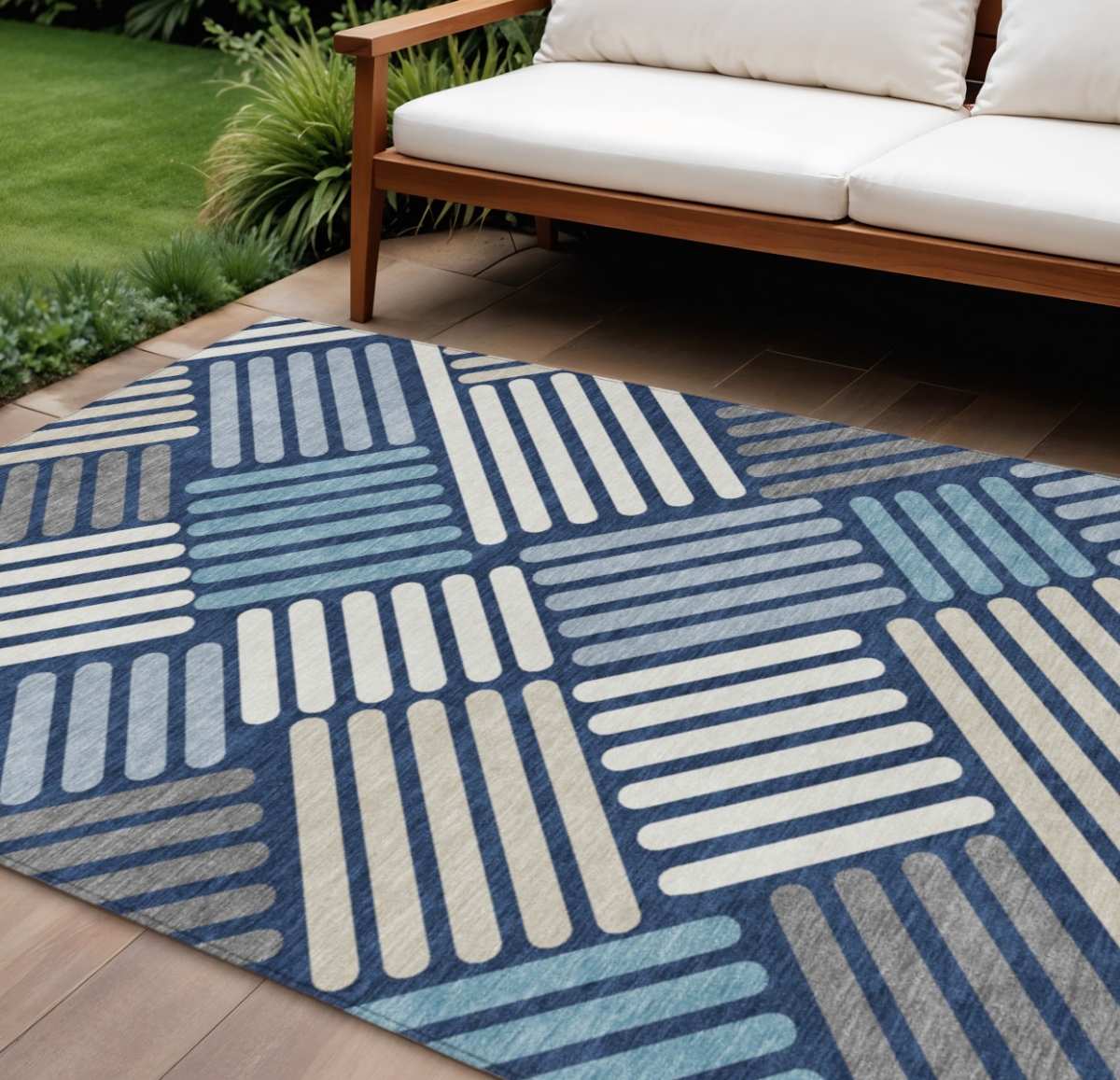 660424 8 x 10 ft. Navy Blue, Ivory & Pewter Geometric Washable Transitional Indoor & Outdoor Rectangle Area Rug