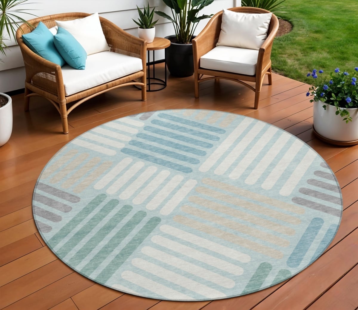 660429 8 ft. Pale Aqua Wheat & Ivory Geometric Washable Transitional Indoor & Outdoor Round Area Rug