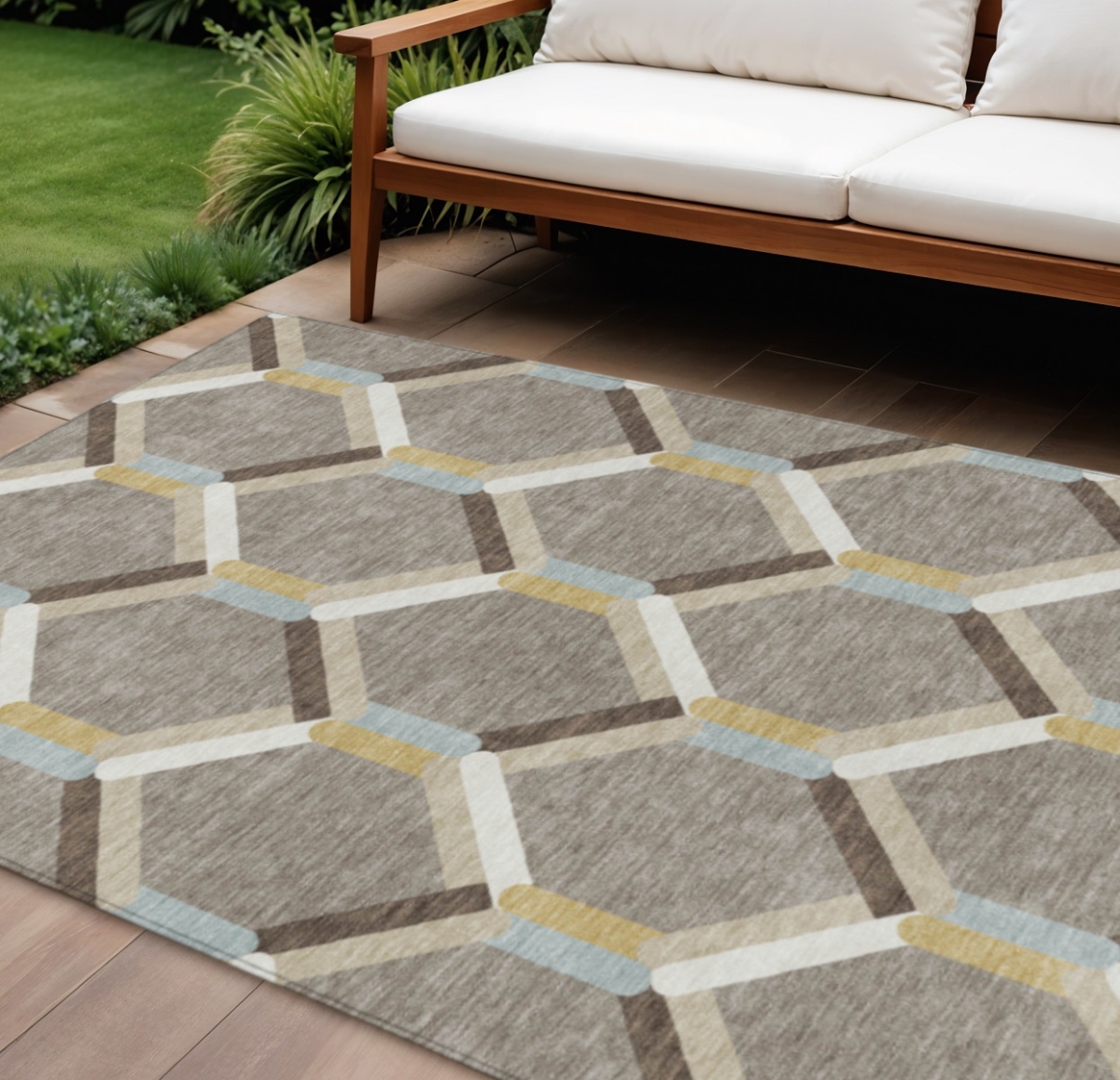 660575 9 x 12 ft. Brown Ivory & Beige Geometric Washable Transitional Indoor & Outdoor Rectangle Area Rug