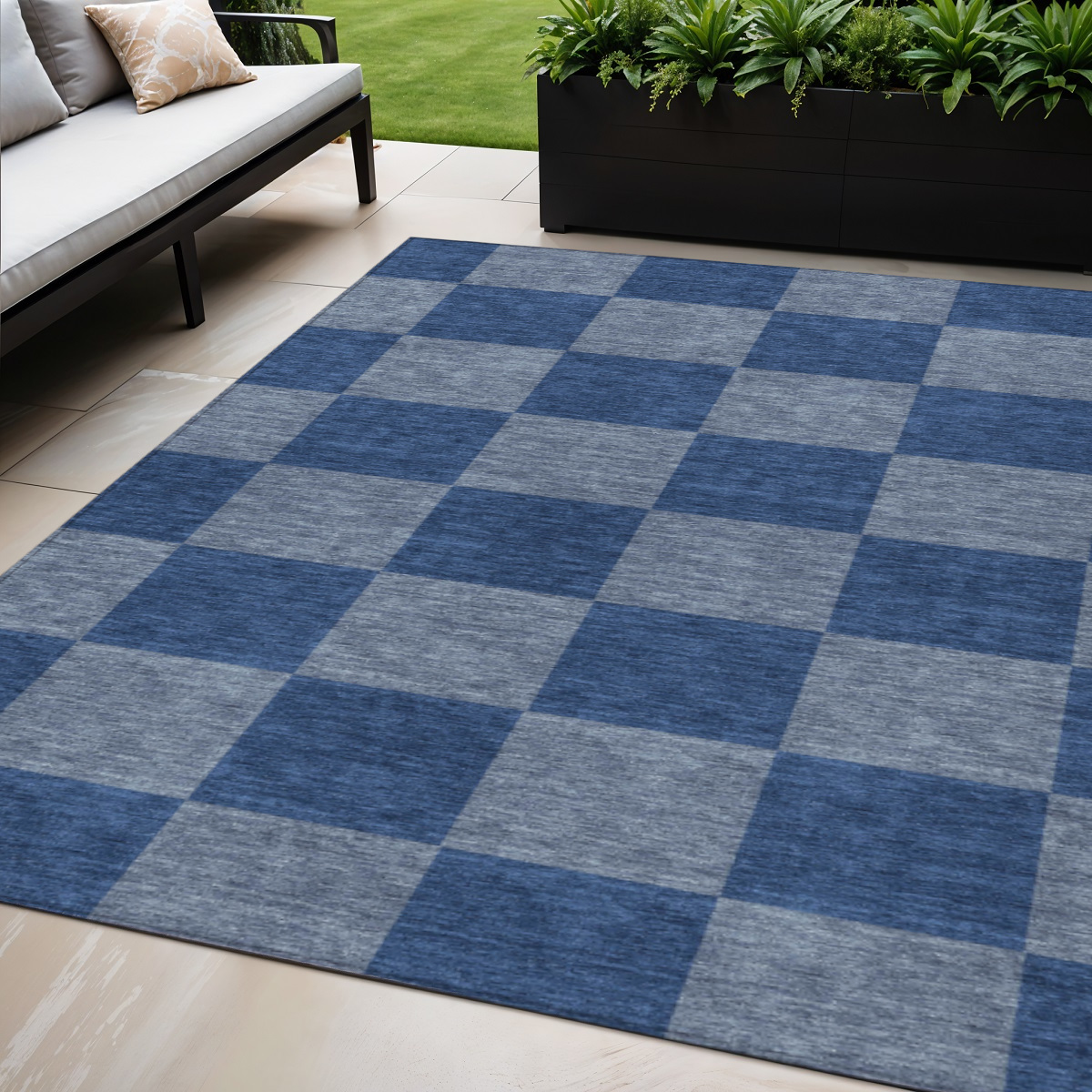 660668 5 x 8 ft. Blue & Gray Geometric Washable Transitional Indoor & Outdoor Rectangle Area Rug