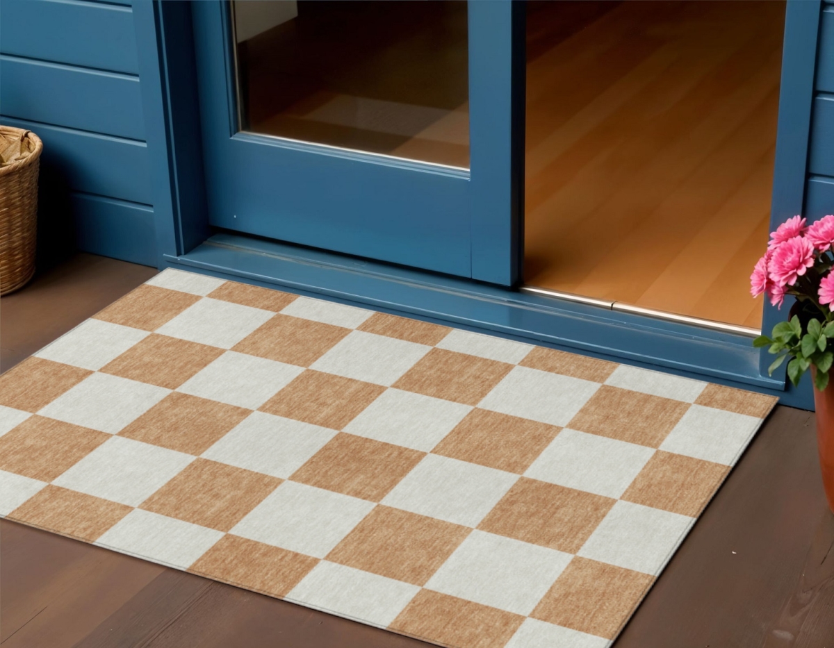660679 3 x 5 ft. Copper & Ivory Geometric Washable Transitional Indoor & Outdoor Rectangle Area Rug