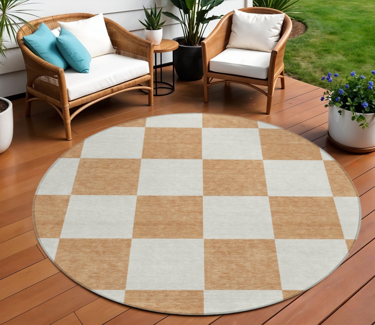 660681 8 ft. Copper & Ivory Geometric Washable Transitional Indoor & Outdoor Round Area Rug