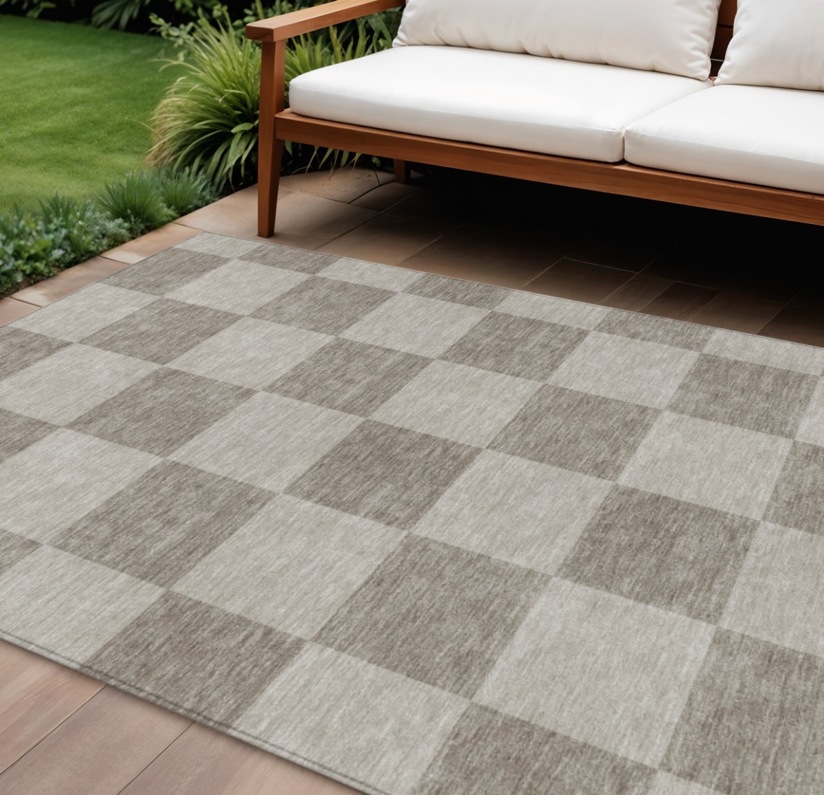660708 10 x 14 ft. Khaki & Taupe Geometric Washable Transitional Indoor & Outdoor Rectangle Area Rug