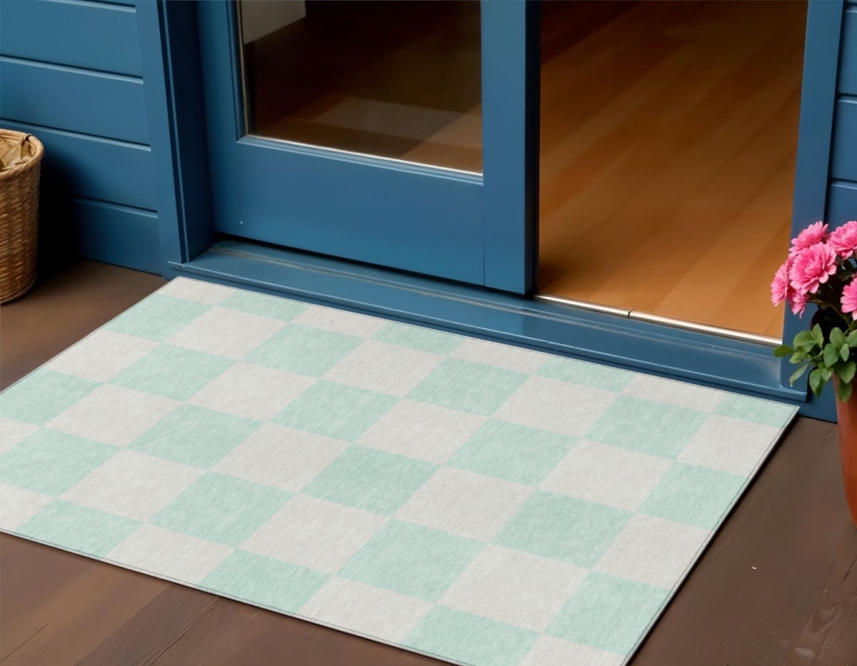 660715 3 x 5 ft. Mint Green & Ivory Geometric Washable Transitional Indoor & Outdoor Rectangle Area Rug