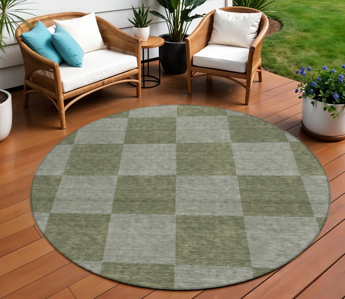 660729 8 ft. Olive Green & Gray Geometric Washable Transitional Indoor & Outdoor Round Area Rug