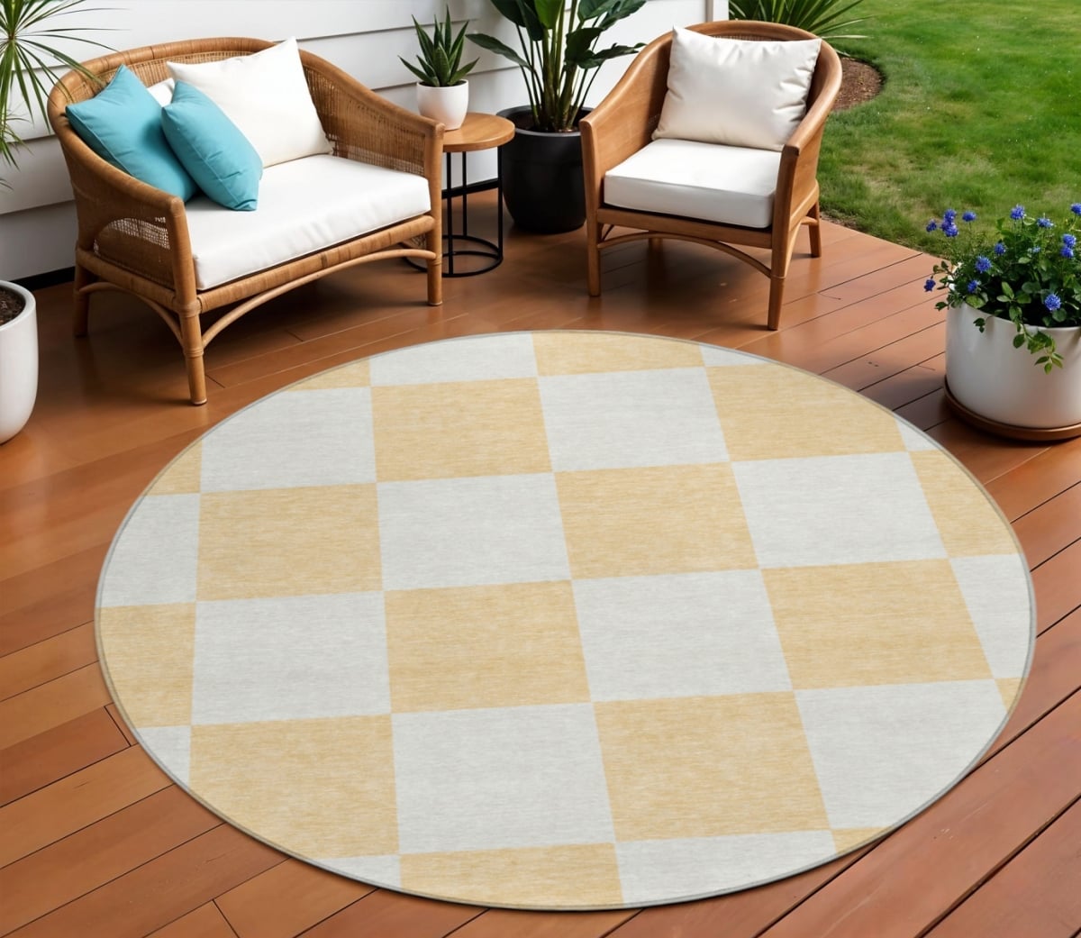 660735 8 ft. Peach & Beige Geometric Washable Transitional Indoor & Outdoor Round Area Rug