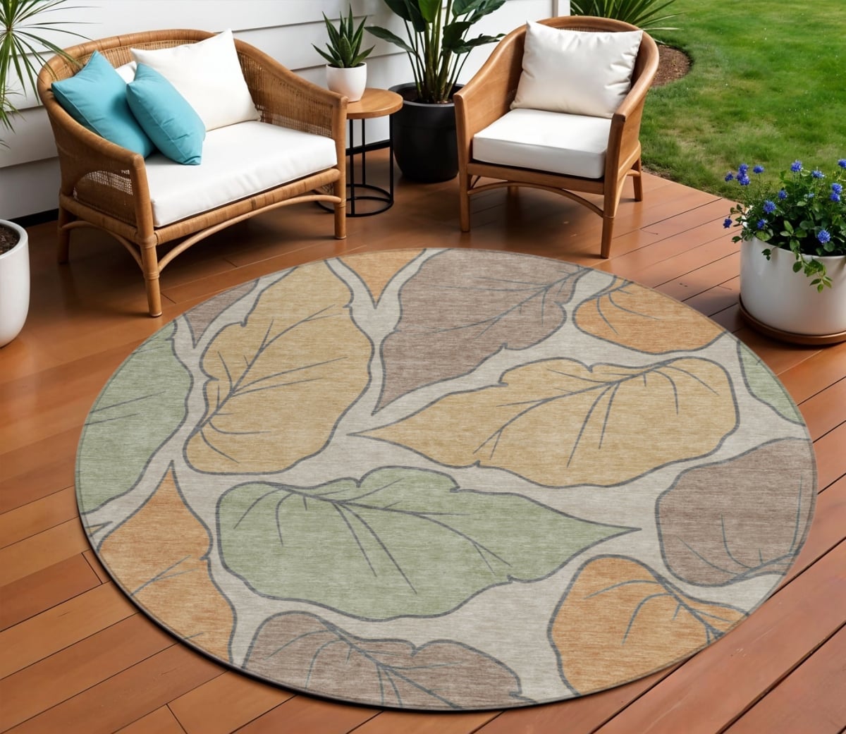 660861 8 ft. Copper, Ivory & Sage Botanical Leaves Washable Transitional Indoor & Outdoor Round Area Rug