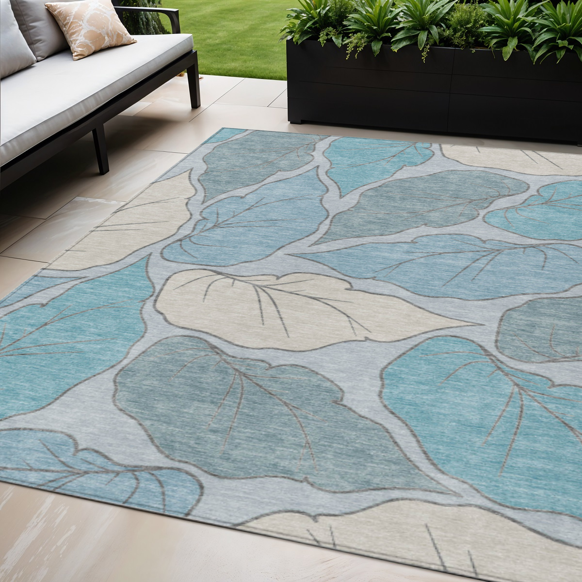 660878 5 x 8 ft. Teal, Blue & Ivory Botanical Leaves Washable Transitional Indoor & Outdoor Rectangle Area Rug