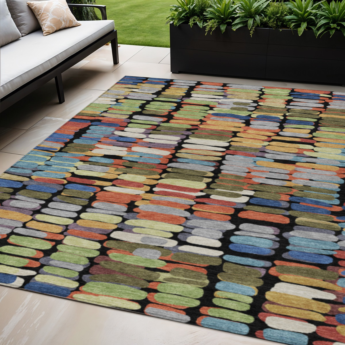 660884 5 x 8 ft. Black, Green & Blue Abstract Washable Transitional Indoor & Outdoor Rectangle Area Rug