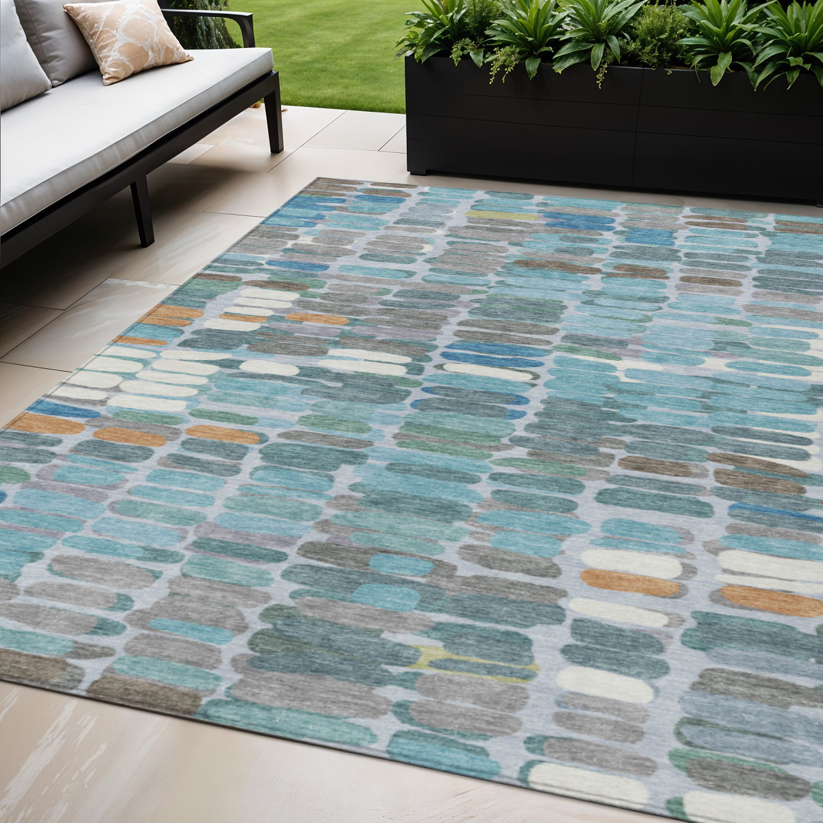 660920 5 x 8 ft. Teal Blue Copper & Ivory Abstract Washable Transitional Indoor & Outdoor Rectangle Area Rug