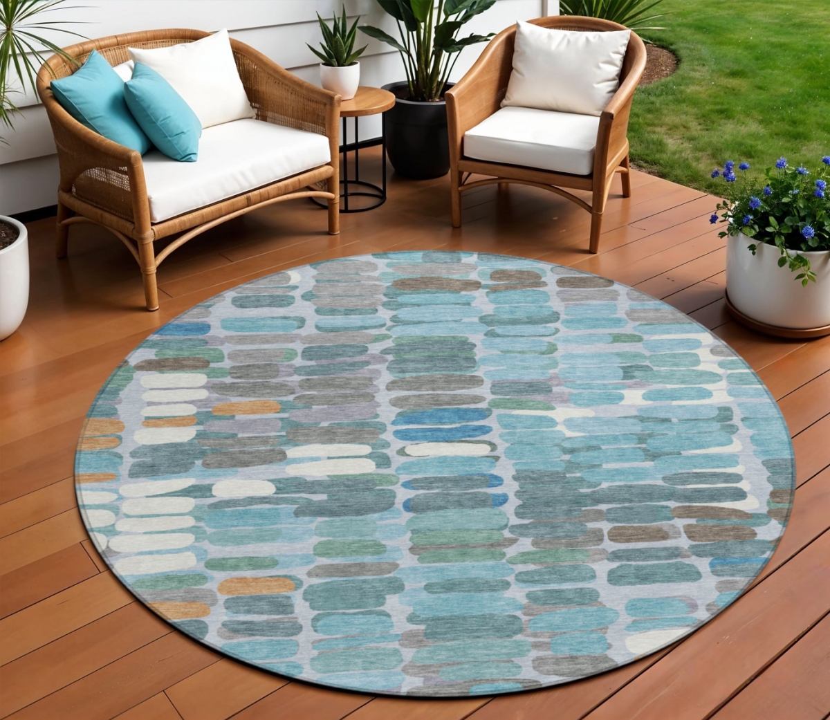 660921 8 ft. Teal Blue Copper & Ivory Abstract Washable Transitional Indoor & Outdoor Round Area Rug