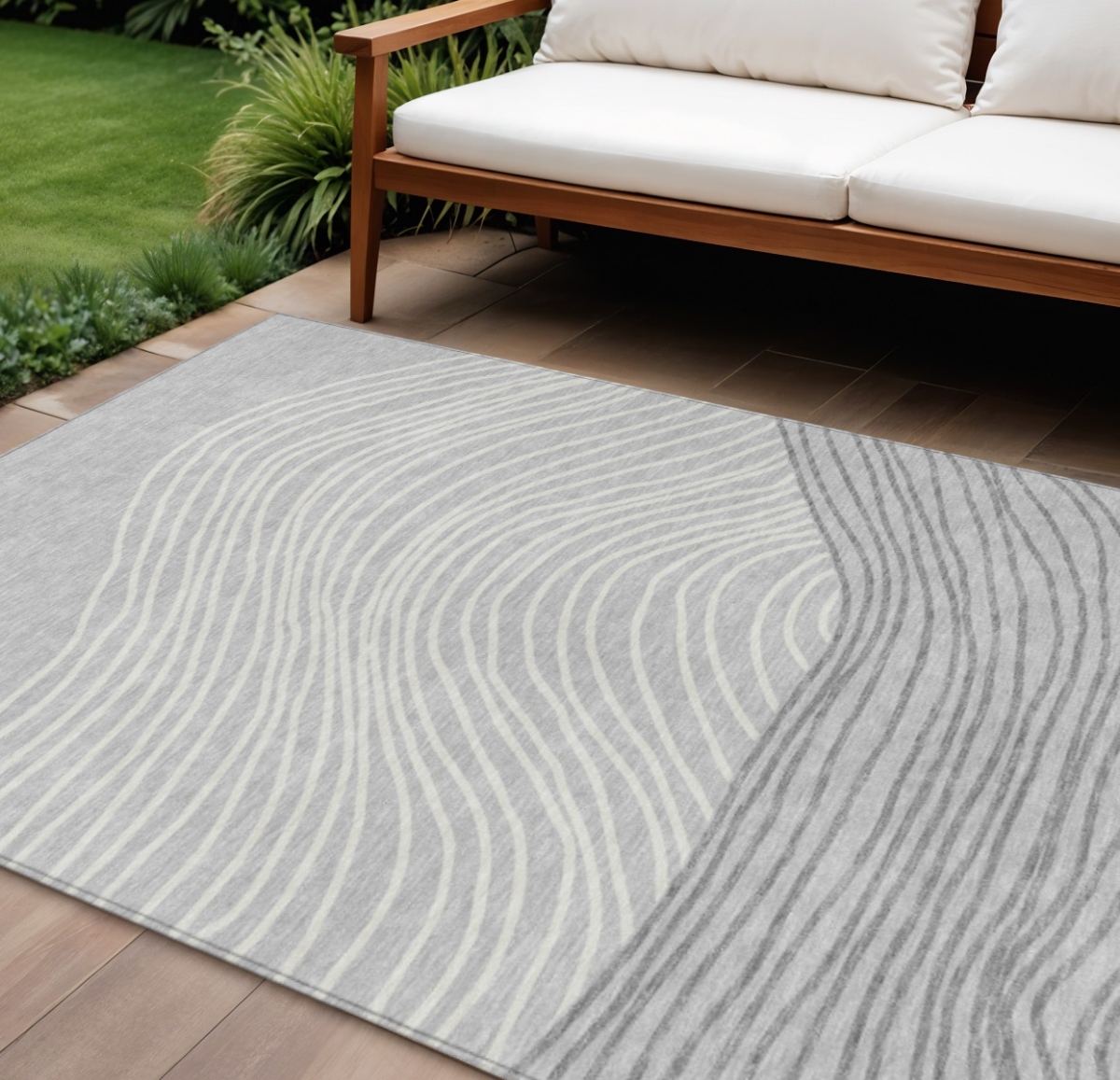 660960 10 x 14 ft. Gray & Ivory Striped Washable Transitional Indoor & Outdoor Rectangle Area Rug