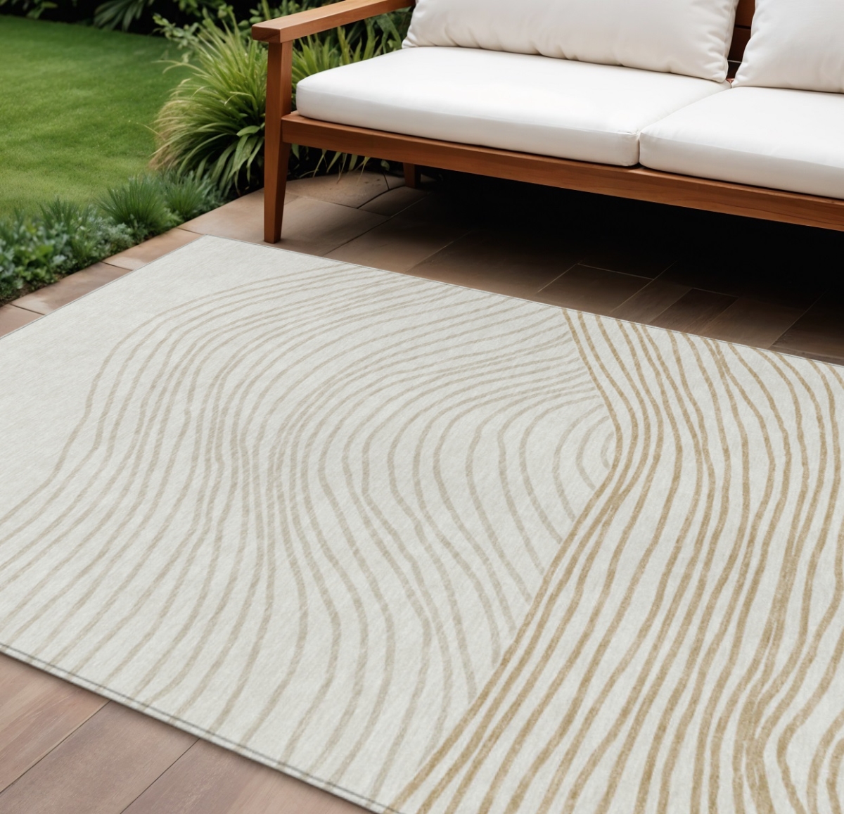 660965 9 x 12 ft. Ivory & Wheat Striped Washable Transitional Indoor & Outdoor Rectangle Area Rug