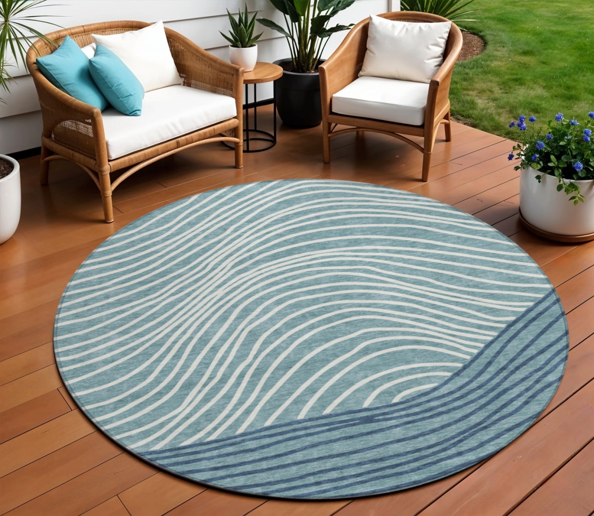 660981 8 ft. Teal, Blue & Ivory Striped Washable Transitional Indoor & Outdoor Round Area Rug