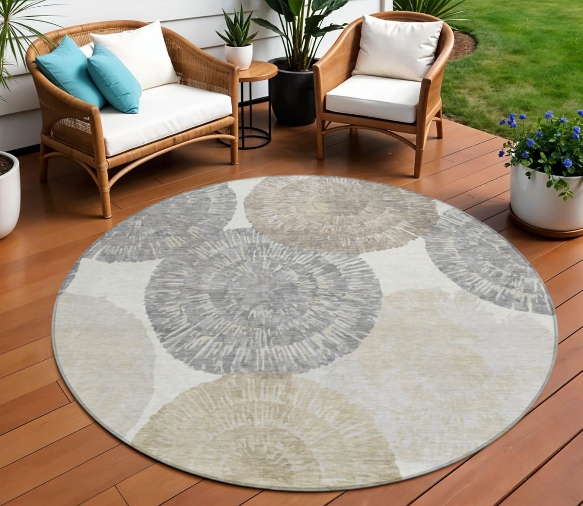 661005 8 ft. Linen Ivory & Beige Abstract Washable Transitional Indoor & Outdoor Round Area Rug