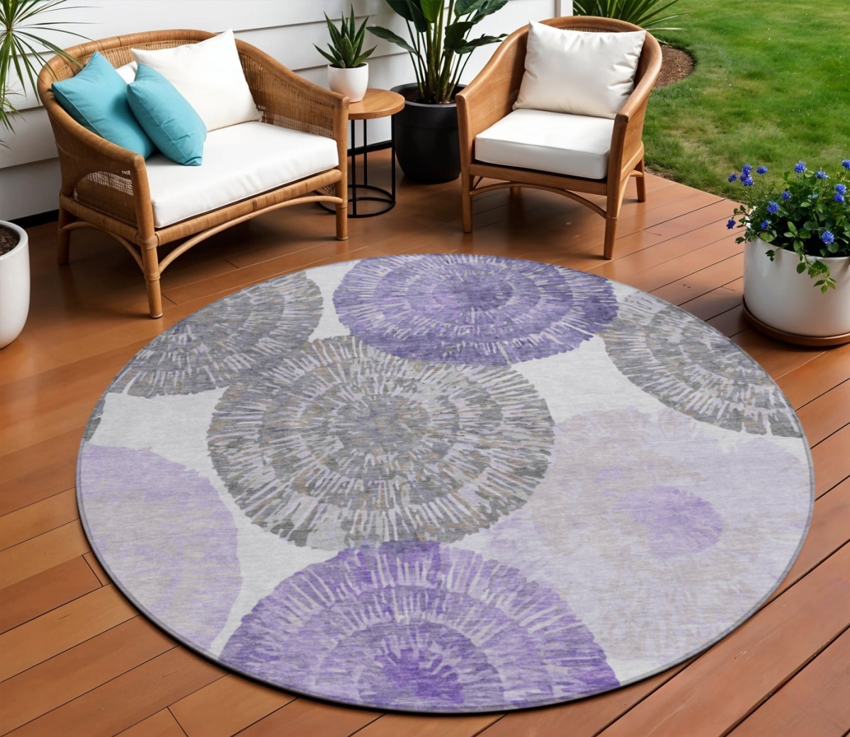 661011 8 ft. Plum, Ivory & Khaki Abstract Washable Transitional Indoor & Outdoor Round Area Rug
