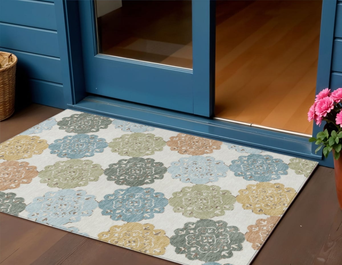 661105 3 x 5 ft. Pacific Blue, Ivory & Copper Quatrefoil Washable Transitional Indoor & Outdoor Rectangle Area Rug