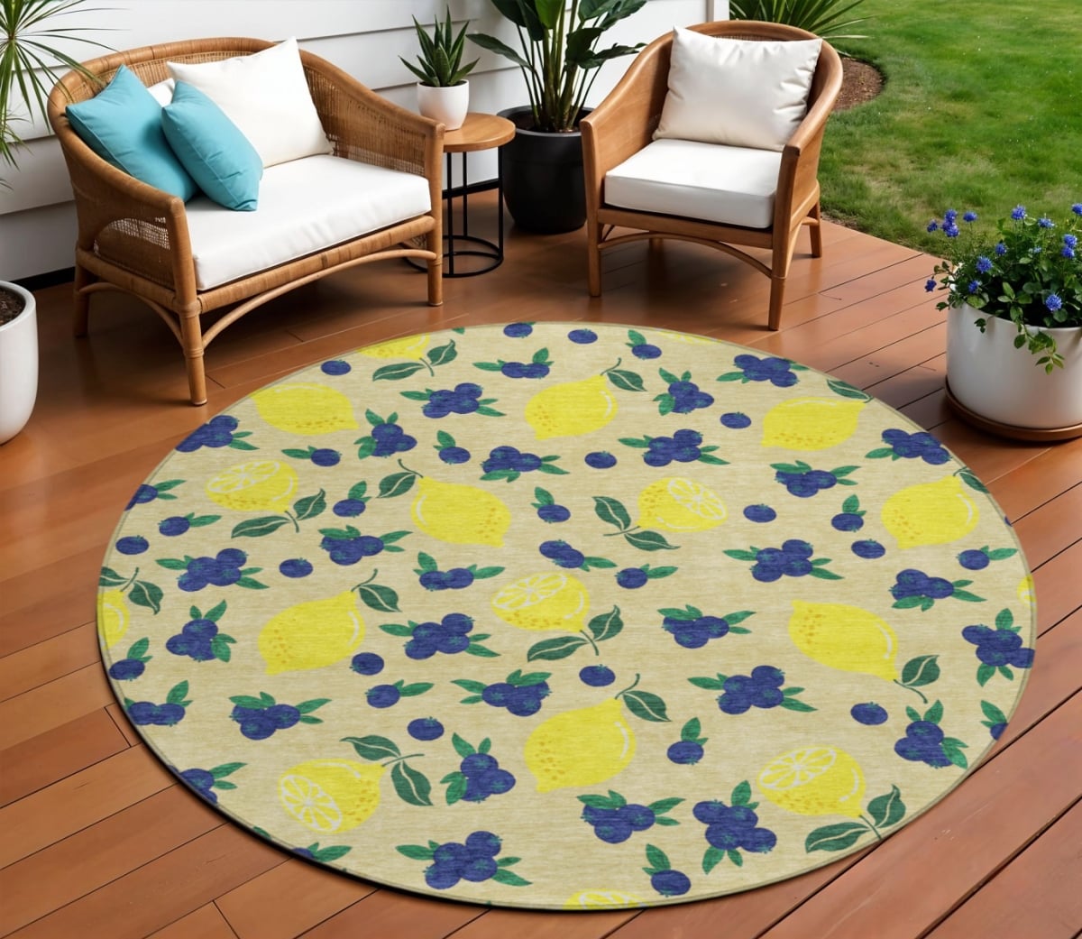 661161 8 ft. Wheat Yellow & Blue Lemons Washable Transitional Indoor & Outdoor Round Area Rug