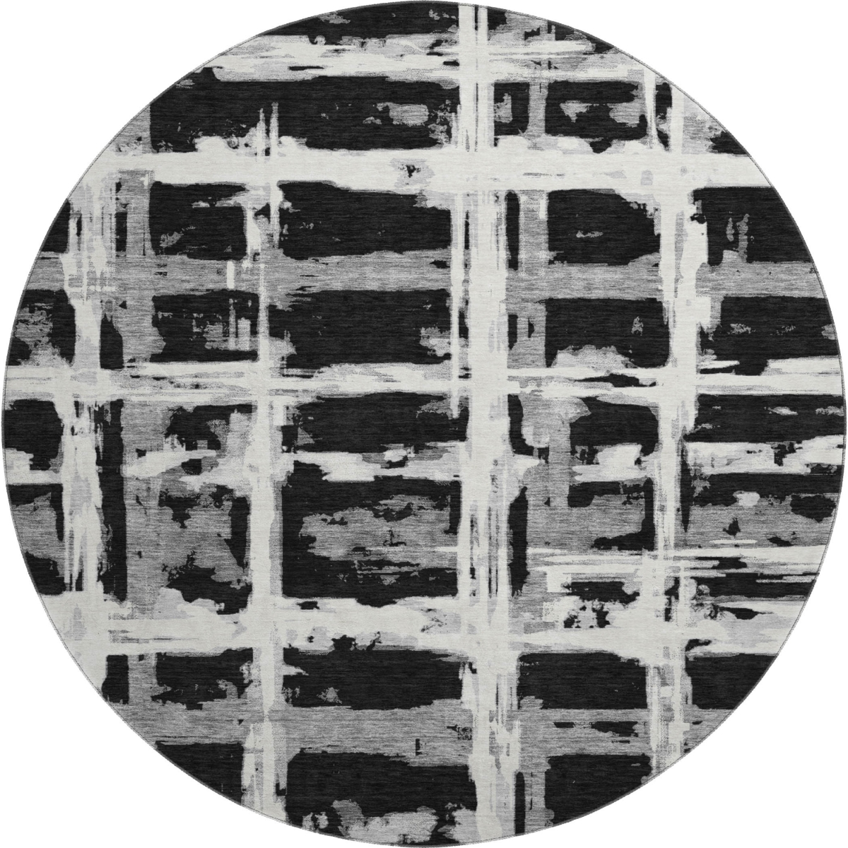 662762 8 ft. Black & Silver Striped Transitional Washable Round Area Rug with UV Protection